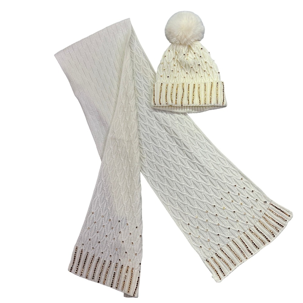 CCG New York Hat and‎ Scarf Set Winter Knit Beanie Pom Pom Rhinestone